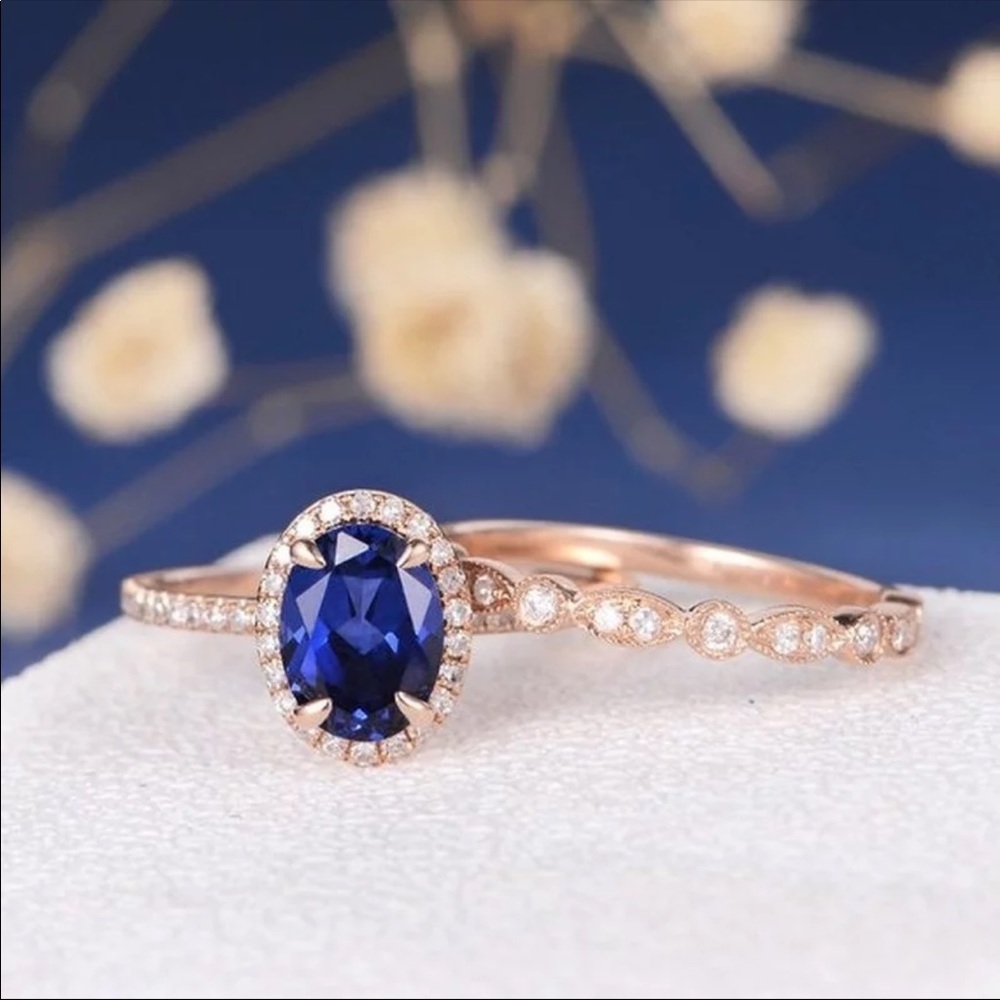 *NEW*2pc Set Rose Gold Bridal Sapphire Ring - Picture 4 of 6